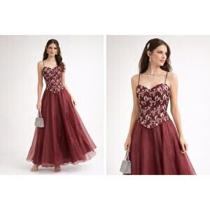 Vintage 90s Rebecca USA Prom Ballroom Gown Sz M Burgundy Gold Organza Fairy Y2K